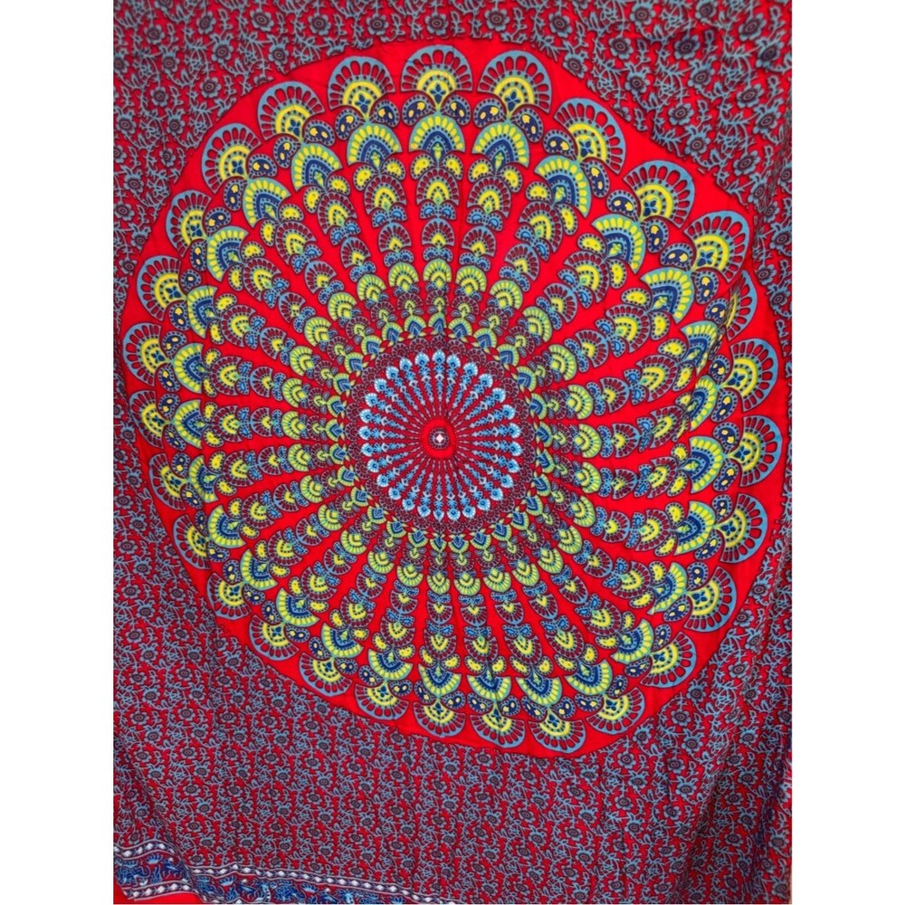 Shu-Shi Red Mandala Print Rayon Scarf Wrap Sarong Boho Fringe Pareo Beach cover
